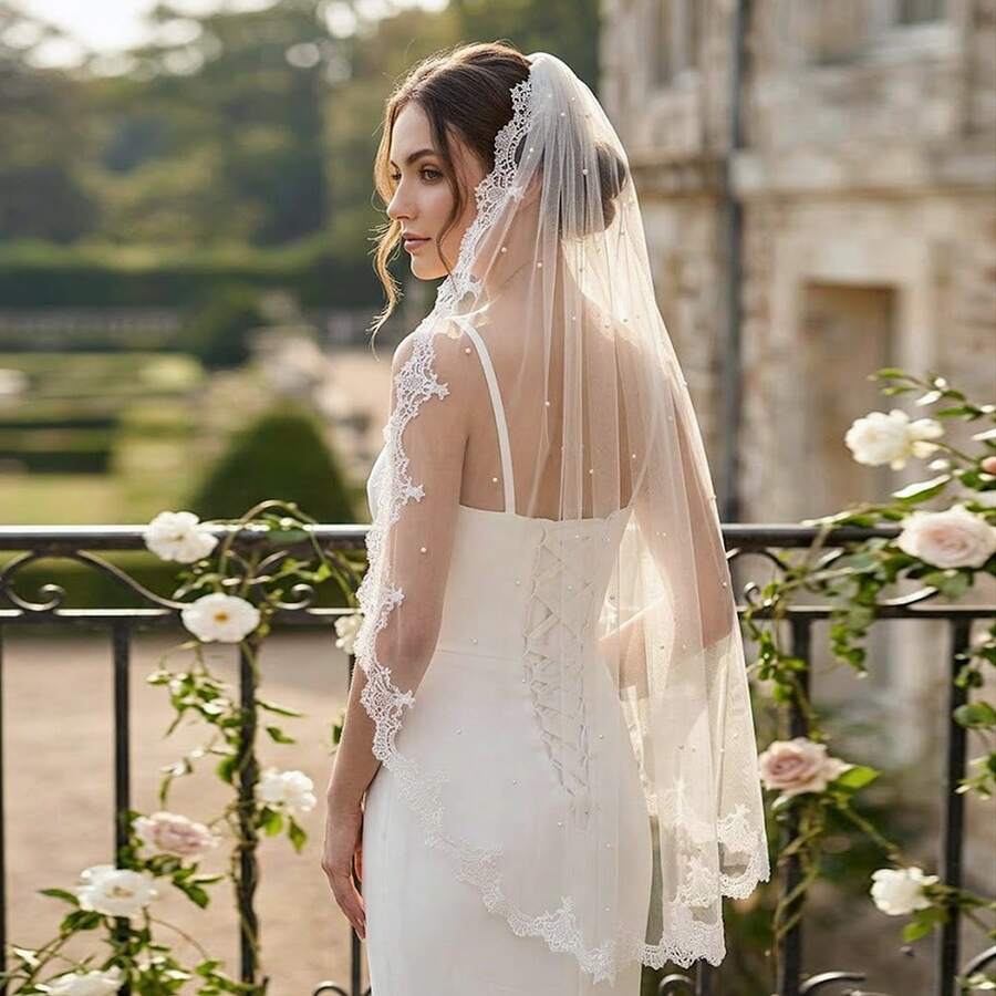 Véu de noiva curto em tule macio (1 peça), minimalista, de camada única, com bordado floral em renda e pérolas artificiais, ideal para cerimônias de casamento ao ar livre, festas, verão e praia. - Multicolorido - Ver 1