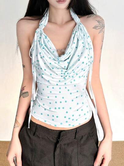 Top Dazzle Women's Sleeveless Halter Backless Polka Dot Regular Length Top In Knitted Fabric, Slightly Stretchy Vacation Tage Concert