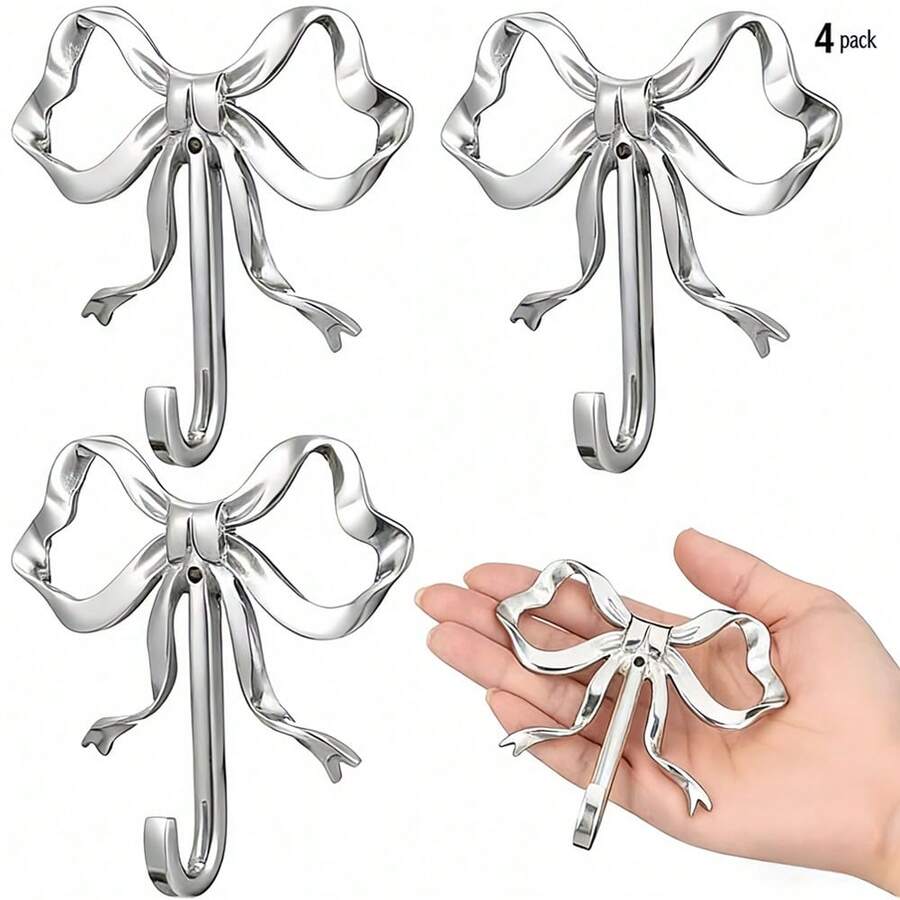 4 móc treo tường hình nơ bạc, móc treo tường trang trí hình nơ bằng đồng thau, thích hợp để treo quần áo, cốc cà phê, mũ, túi xách, khăn tắm và đồ trang trí phòng.