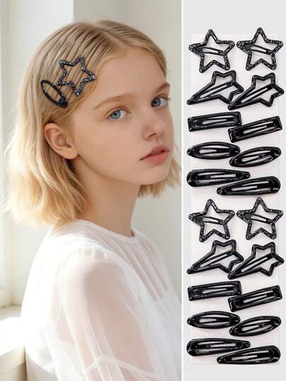 15个/套 女孩/青少年黑色星星、爱心、水滴可爱闪亮按扣发夹，刘海/侧发夹，日常使用