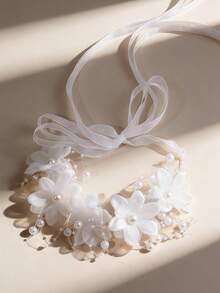 1pc Flower Girl Princess Flower Headpiece Girl Stuff Pearl Headband Alloy Floral Bridal Hair Accessories Communion Wedding Prom Photography Prop For Girls - White - View 3