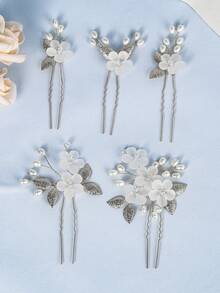 5件套 空灵新娘哑光花朵发夹套装，优雅珍珠银叶发夹，手工婚礼派对发饰 - 彩色 - 查看 13
