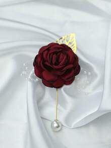 1 pieza/2 piezas Broche y corsage de muñeca con flor de rosa burdeos y hojas doradas, adecuado para novio, novia, padrino, dama de honor, decoración de boda, eventos formales, fiestas - Burdeos - Ver 3