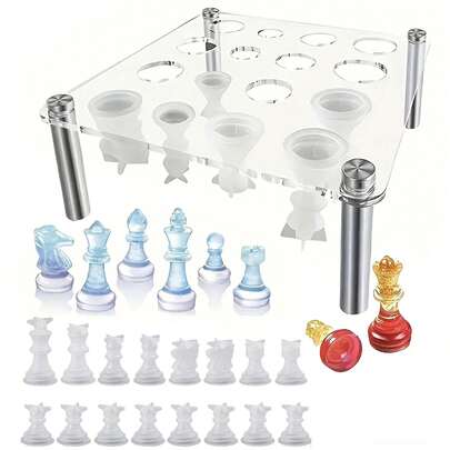 树脂浇注硅胶模具，适用于国际象棋套装，带固定支架，一套16个全尺寸国际象棋棋子硅胶模具，环氧树脂模具，树脂浇注模具，防止树脂泄漏，适用于DIY工艺品