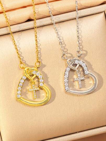 1pc Fashionable Minimalist Women's Necklace, Copper Inlaid Zirconia Heart Cross Pendant Stainless Steel Chain, Suitable For Daily Wear, Gift For Friends