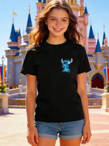 Soft Cotton T-Shirt | Disney Lilo & Stitch "Headphones" Front & Back Graphic | Casual Daily WearMade From Soft, Comfortable, And Durable Pure Cotton, This Is An Ideal Choice For Spring And Summer. This Crew Neck T-Shirt Is Suitable For Various Occasions, Including Everyday Wear, Shopping, Parties, Travel, And Gatherings, And Also Makes A Thoughtful Gift. - Noir - Voir 2