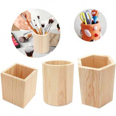 化妆刷、美甲工具收纳架、木制笔筒架、圆形和六边形几何笔筒，多用途DIY笔筒，适用于办公桌、水钻或其他装饰。