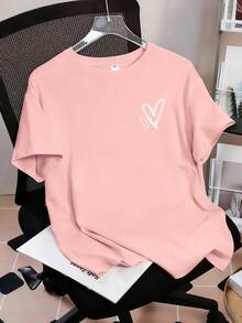2pcs/Set Teenage Girls' Heart Print Short Sleeve T-Shirt And Shorts Set, Casual Loose Fit, Suitable For School, Vacation And Shopping Outings. A Versatile Casual Spring Style. - Pink - View 4
