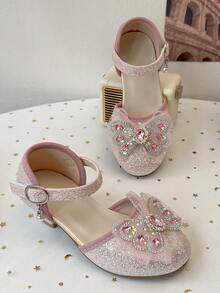 Sparkling Pink Princess Heels For Girls, Glitter Sequin Party Shoes With Jeweled Bow & Adjustable Strap, Fancy Dress Up Shoes - Pink - View 8