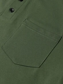 1件男士休闲复古旧硬币亨利领绿色短袖Polo衫，春夏款 - 橄欖綠 - 查看 8