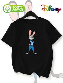 Disney Zootopia Judy Cartoon Print Women's Summer New Fashion Pure Cotton Short-Sleeve T-ShirtMade From Soft, Comfortable, And Durable Pure Cotton, This Is An Ideal Choice For Spring And Summer. This Crew Neck T-Shirt Is Suitable For Various Occasions, Including Everyday Wear, Shopping, Parties, Travel, And Gatherings, And Also Makes A Thoughtful Gift. - 黑色 - 查看 1