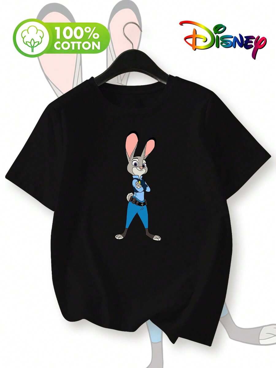 Disney Zootopia Judy Cartoon Print Women's Summer New Fashion Pure Cotton Short-Sleeve T-ShirtMade From Soft, Comfortable, And Durable Pure Cotton, This Is An Ideal Choice For Spring And Summer. This Crew Neck T-Shirt Is Suitable For Various Occasions, Including Everyday Wear, Shopping, Parties, Travel, And Gatherings, And Also Makes A Thoughtful Gift. - 黑色 - 查看 1