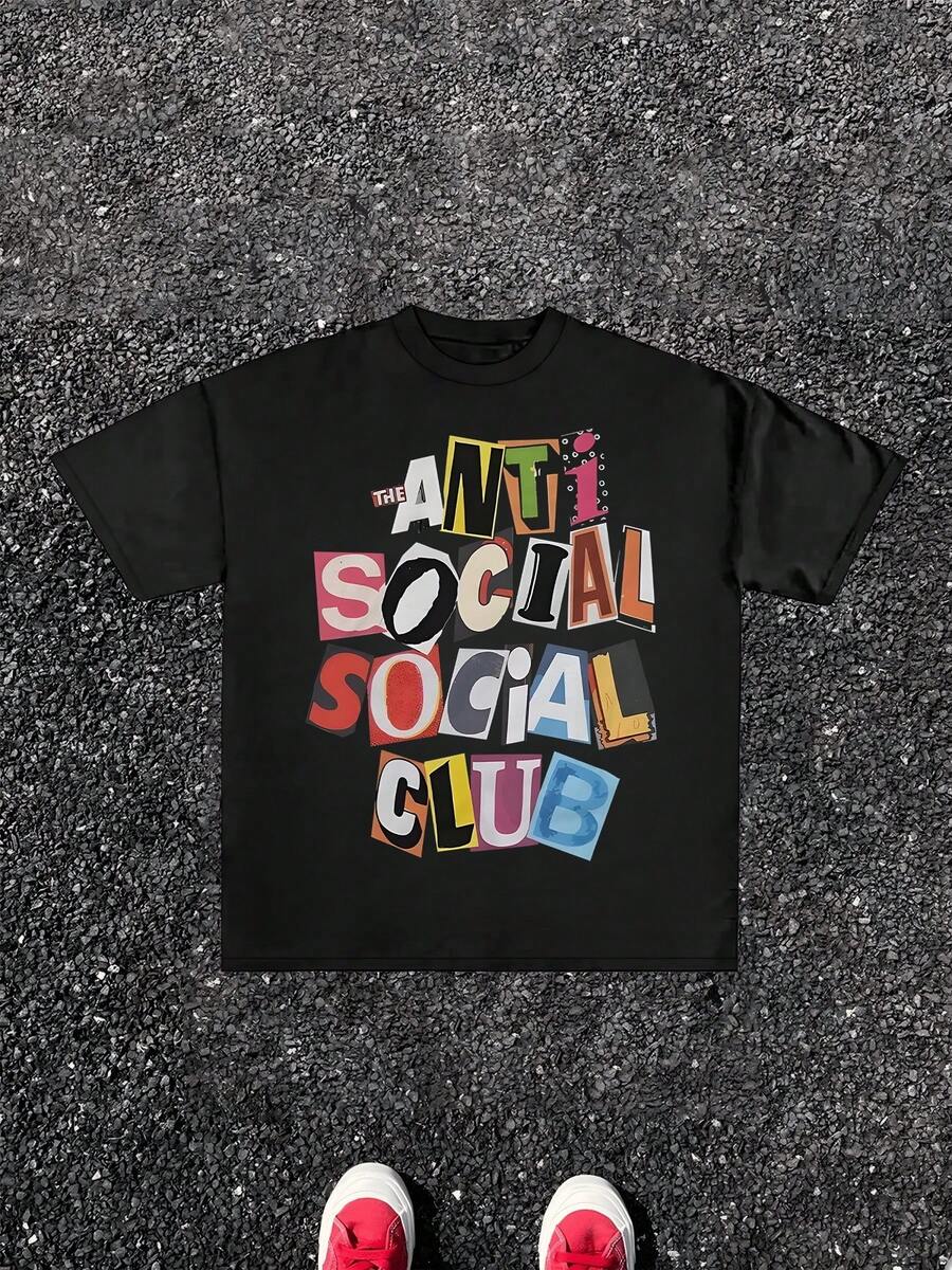 1Pcs Anti Social Club Print TShirt, Streetwear 100% Cotton TShirt Men's Graphic TShirt Summer Casual TShirt Perfect Gift, Fashion Hip Hop Style Tee - Black - View 1