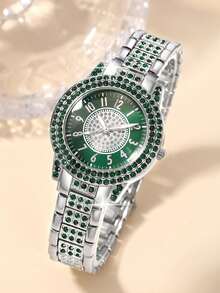 女士时尚休闲圆形石英表，镶嵌水钻，配有同款手链，适合日常佩戴、生日礼物或节日派对，自用或送礼皆宜。 - 綠色 - 查看 5