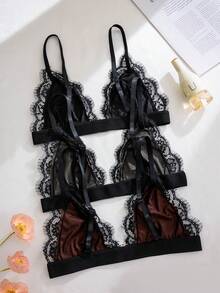 3pcs Women's Solid Color Lace Trim Front Closure Comfortable Underwear Set - Multicolor - View 2