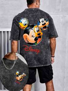 Disney UNIHLO  Mickey Printed Summer Heavyweight Retro Washed Street Fashion Casual T-Shirt - 黑色 - 查看 1