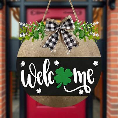 St. Patrick's Day Welcome Sign - Shamrock Door Hanger & Wreath, Outdoor Front Door Decor, Wooden Porch Accent, Door Sign, Door Plaque