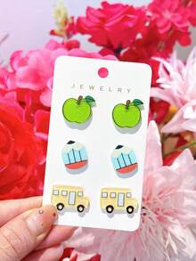 3 Pairs Acrylic Apple, Pencil, School Bus Bling Bling Cute Earrings, Fun Back To School Gift For Girls - Multicolor - View 1