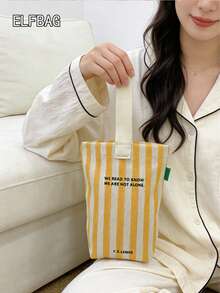 时尚简约条纹图案女士小手提包，休闲帆布小包，轻便可折叠迷你方包，黑色字母个性化设计，可装钥匙、水瓶、手机和个人物品，适合外出、散步和携带宠物。 - 黃色 - 查看 4