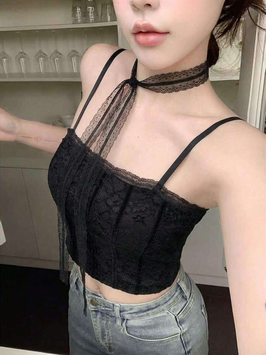 性感蕾丝吊带背心，无袖露脐上衣，带胸垫，优雅显瘦，夏季新品 - 黑色 - 查看 1