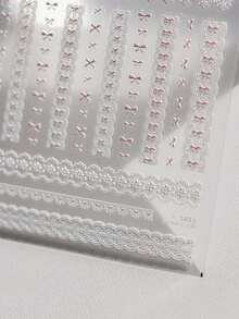 1片5D/3D可爱蕾丝美甲贴纸，甜美时尚日式格子美甲贴花，自粘式DIY配件 - 粉色 - 查看 3