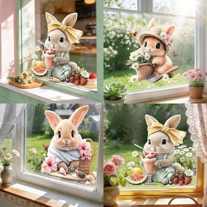 1/3 ملصق نافذة قابل للإزالة بتصميم أرنب وزهور، مناسب لغرفة المعيشة والمطبخ وعيد الفصح وديكور المنزل، ملصقات فنية بشكل حيوانات، ديكورات موسمية للنوافذ