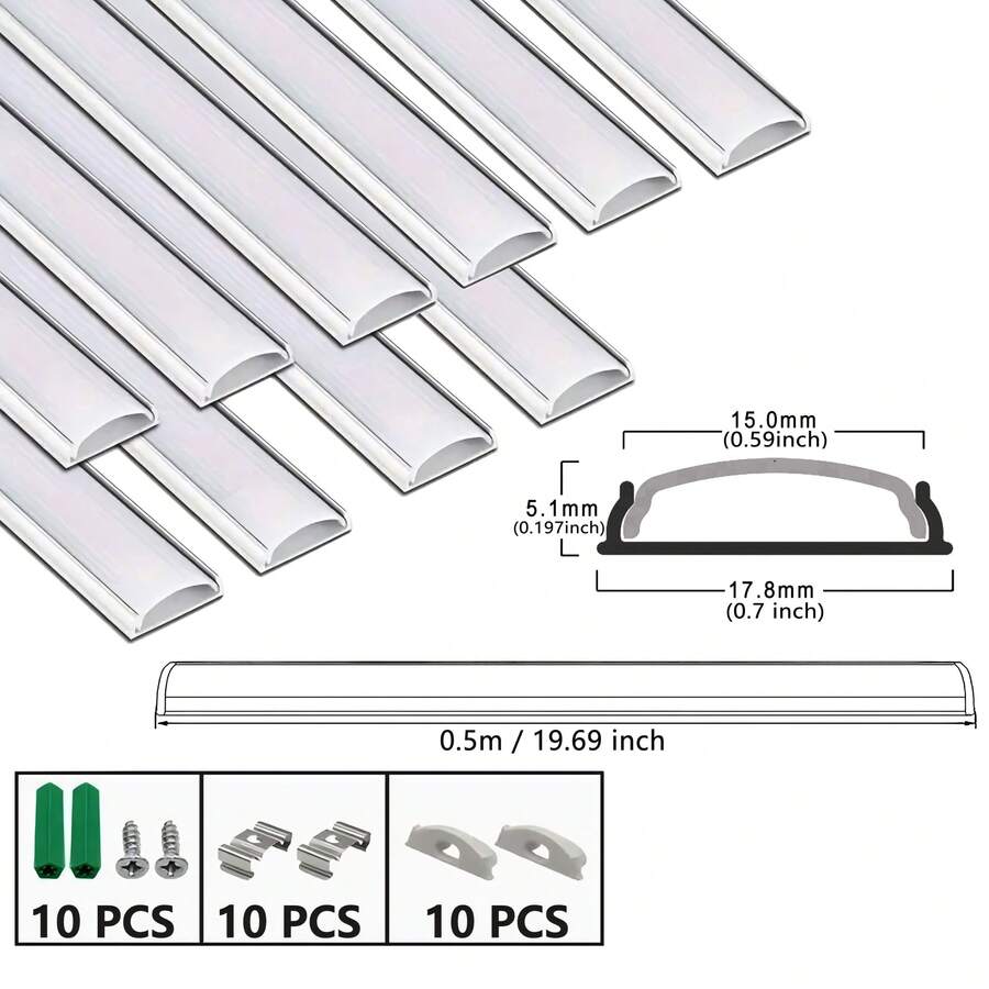 10 piezas de 50 cm Canal de aluminio flexible LED, pantalla de lámpara de aluminio blanco ultradelgada y plata, carcasa de aluminio flexible, incluye clips de montaje y tornillos, adecuado para instalación de tiras de iluminación, decoración del hogar, iluminación de gabinete - Perfiles de aluminio flexibles - Ver 1