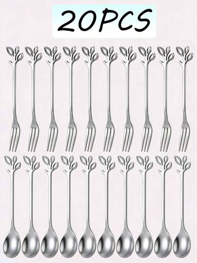20pcs Silver Leaf Design Stainless Steel Mini Forks And Coffee Spoons - Elegant Small Spoon And Fork Set - Elegant Appetizer, Dessert And Stirring Utensils - Mirror Polished, Dishwasher - Great For Home, Kitchen, Restaurant, Party, Wedding