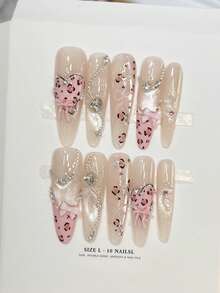 10pcs Y2K Style Long Almond-Shaped Pink Leopard Print Ribbon Bow Nail Stickers, Hand-Painted Heart Decor, Asymmetric Gems, Hand-Painted Leopard Print Embossed Nails, Pink Nails, Cute Nails, Leopard Print Design, Nude Pink Cat Eye Gradient, Shiny Nails, Rhinestone False Nails, Essential Item For Autumn/Winter - Pink - View 9