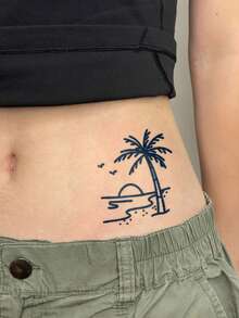1 pieza Tatuaje temporal de estilo de vacaciones de 7 a 14 días con patrón de palma de coco y ola de océano, adecuado para muñeca, brazo, pierna, cintura, tatuajes de festival, recuerdos de fiesta, resistente al agua - Azul - Ver 2