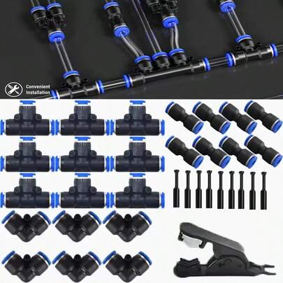 New Gardening Accessories, 6mm Quick Connector Set, Including 10 Tees, 10 Elbows, 10 Straight Pipes, 5 Plugs, And 1 Pipe Cutter