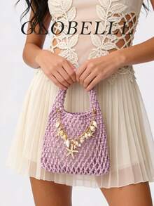 Túi đi biển phong cách Bohemian GLOBELLE - Túi tote đan lưới macrame thủ công với mặt dây chuyền hình sao biển vỏ sò vàng, ví đan móc lý tưởng cho mùa hè, bên hồ bơi và những kỳ nghỉ ven biển. - Màu tím hoa cà - Xem 5
