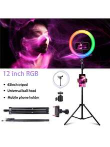 UEGOGO Đèn vòng LED RGB hợp kim, nhiều màu sắc, thích hợp chụp ảnh selfie/livestream. Đèn vòng LED selfie chuyên nghiệp 12 inch này đi kèm với chân đế điều chỉnh được 160cm và hai kẹp điện thoại - có 38 chế độ màu, điều chỉnh độ sáng vô cấp, nguồn sáng LED tăng tốc, lớp hoàn thiện kim loại mờ và núm xoay điều khiển. Lý tưởng cho các bữa tiệc Giáng sinh, trang trí, quà tặng ngày lễ, livestream, bộ đèn vòng LED chạy bằng USB và chân đế đèn sàn, quà tặng Ngày của Mẹ, sinh nhật. - 12INRGB--LJ160-JWJ - Xem 6
