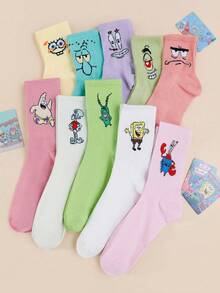 SpongeBob SquarePants 1/2/3/4/5 pares de calcetines de tripulación unisex con estampados temáticos de Bob Esponja, calcetines de pareja versátiles y divertidos - Multicolor - Ver 5