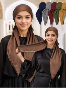 1pc Women's Linen Elastic Headscarf Hat, Combining Traditional And Modern Styles, Versatile Fashion Solution, Suitable For Daily Commute, Cultural Events, Travel, Leisure Gatherings, Religious Occasions - Solid Color - View 1