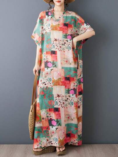 Tops Women's Plus Size Long Summer Dress Elegant Summer Long Dress Floral Dress 2026 Summer Elegant Floral A-Line Long Dress, Bat Sleeve Short Sleeved With Pocket, V-Neck Woven Fabric Fluffy Skirt Bohemian Style Long Dress, Summer Dress, Summer Dressing, With Pocket, Summer Comfortable Choice Floral Dress Inner Nightgown Home Daily Wear Eid Al Fitr Dress