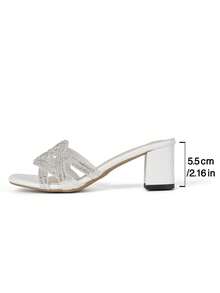 Teenagers' Sparkling Rhinestone White High Heel Sandals, Open Toe Chunky Heel Mules, Suitable For Graduation Prom, Vacation, Social Occasions - White - View 10