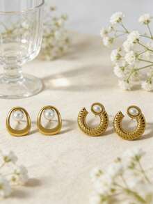 6-Piece Gold-Plated Stainless Steel Earrings For Women With Pearl Accents Featuring An Elegant And Stylish Design With Pearl Embellishments, These Earrings Boast An 18k Gold-Plated Finish. Perfect For Everyday Wear Or Special Occasions, They Make An Ideal Gift For Friends And Close Confidantes. - Gold - View 4