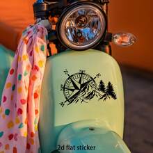 2D Flat Two-Tone Compass Sticker With Mountain And Pine Tree Pattern, Vinyl Material, Self-Adhesive, Semi-Matte Finish, Reusable On Cars, Laptops, Etc. - A - View 5