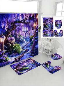 1/4pcs Mysterious Purple Wonderland Pattern Waterproof Bathroom Curtain Set, Includes Shower Curtain, Hooks, Anti-Slip Mat, U-Shaped Mat, Toilet Lid Cover, Thick Polyester Waterproof & Mildew Resistant - A - View 4