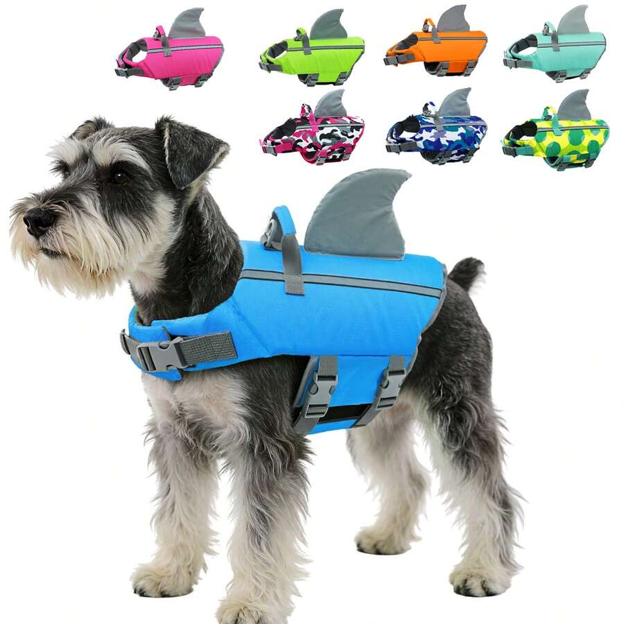 Metglad Chaleco salvavidas para perros, con forma de aleta de pez, lindo y con alta reflectividad y excelente flotabilidad, equipado con asa de rescate resistente y bucle para cuerda de remolque, ajustable en tamaño, adecuado para perros pequeños, medianos y grandes - Agua verde azul - Ver 1
