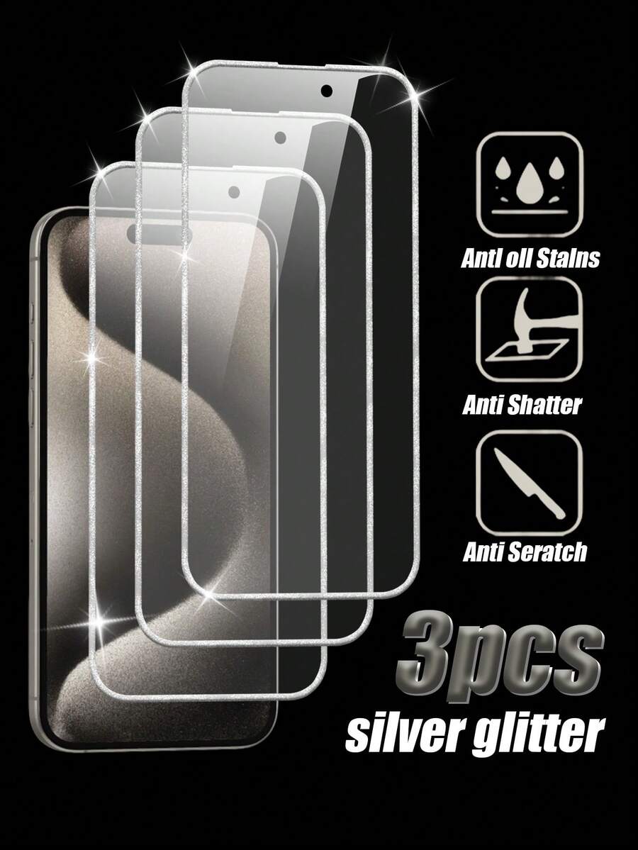 Comfort Fit Tempered Glass Screen Protector 3pcs Silver Shiny Frame High-Definition Made Of High-Clarity Transparent Material Natural And Soft Light Transmission No Change To Original Screen Display Effect Clear And Comfortable Viewing Good Scratch Resistance For Daily Use Smooth Edges Won't Hurt Hands Suitable For Daily Video Watching Spring Gift - Clear - View 1