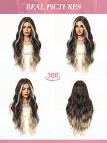 28 Inch Blonde Highlight Color Long Curly Wavy Wig With Curtain Bangs Synthetic Heat Resistant Wig With Bangs Women Wigs For Daily Wear Costume Wigs Cosplay Party Gifts Christmas Winter Fashion Wigs - Blonde Highlight - View 9