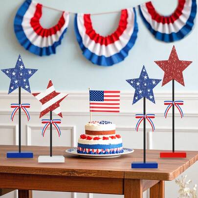 三件套：复古爱国家居装饰，适合7月4日美国独立日，多层托盘饰以木质星星，阵亡将士纪念日桌面摆件，红白蓝复古爱国家居饰品，适合家居装饰、纪念逝去的亲人、爱国主题派对