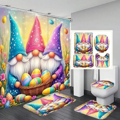 Bộ rèm tắm trang trí phòng tắm đa năng hình người lùn Phục Sinh và trứng hoa (1 cái/3 cái/4 cái), kèm 12 móc treo miễn phí, tạo không khí lễ hội trang nhã, thảm phòng tắm, thảm chữ U và thảm tròn cho bồn cầu, phù hợp với mọi không gian.