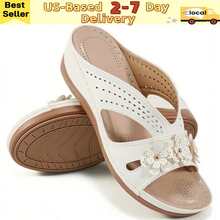 Women's Wedge Slide Sandals- Super Breathable, Stylish Open Toe Cut-Out Design With Arch Support Effortless Slip-On.White Sandals With Three-Dimensional Decal Decoration, All-Match Going Out Sandals, Perfect For Casual Outdoor.Summer Beach Sandals & Fashion Slippers For Women Girls Teen Ladies - 白色 - 查看 1