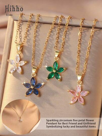 Hihho 1件装高端锆石五瓣吊坠项链，清新优雅，适合通勤和约会佩戴，风格温柔，是送给女友或闺蜜的幸运又美丽的礼物。