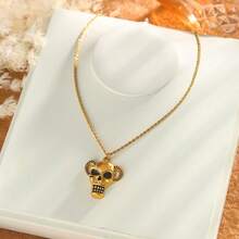 1 chiếc vòng cổ hình đầu lâu bằng thép không gỉ kiểu Gothic với sừng và mặt nạ tráng men vàng, kiểu Punk, unisex. - Vàng - Xem 5