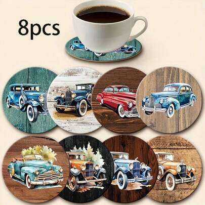 8pcs Vintage Car 2D Print Round Wooden Coasters, Suitable For Patio, Kitchen, Living Room, Home Gatherings, Dining Table Decor, Gifts For Friends And Family, Ideal For Valentine's Day, Wedding, Birthday, Holiday Party Home Accessories