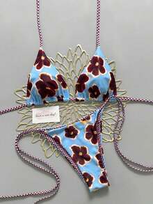 2pcs Retro Floral Colorblock Plaid Print Personalized Women Bikini Swimwear, Suitable Beach, Pool, Cruise, Party In Spring And Summer - 天藍色和紫色 - 查看 6
